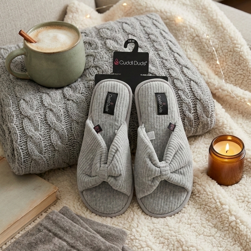 Cuddl Duds Heather Grey Ribbed Knot Front Slide Slippers - L(9-10)